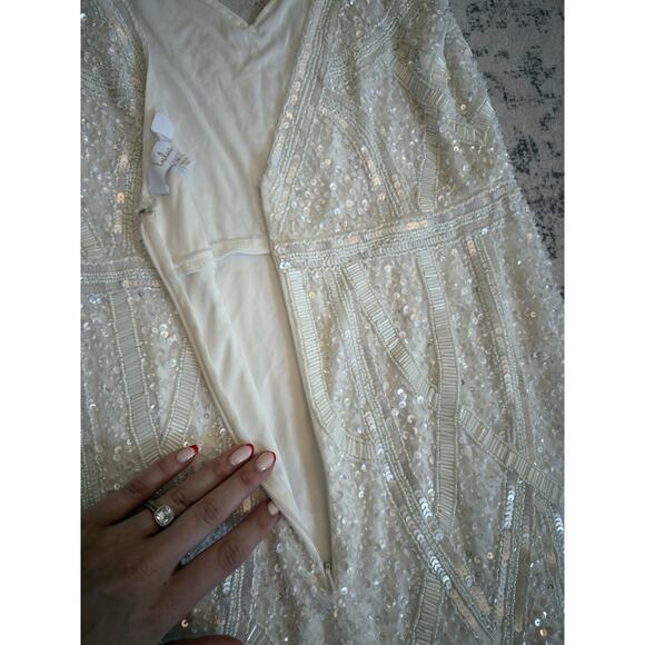Lulus Just the Beginning White Beaded Sequin Mermaid Maxi Dress Medium V Neck - Picture 10 of 11